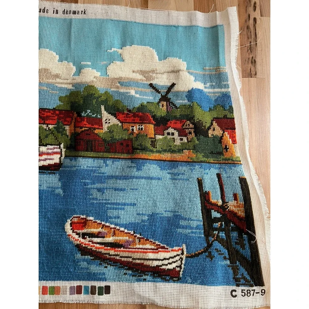 CEWEC Denmark Needlepoint Canvas C587-9 Work In Progress Boat Dock 17 x 23